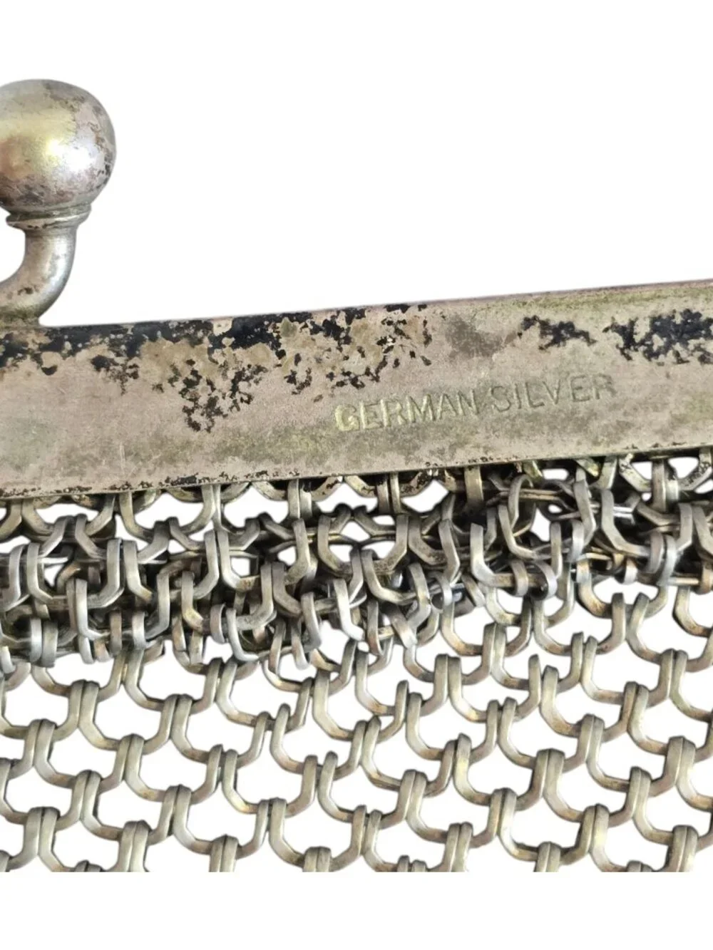 Antique German Silver Mesh / Chainmail Metal Kiss Clasp Purse 130g For Repair